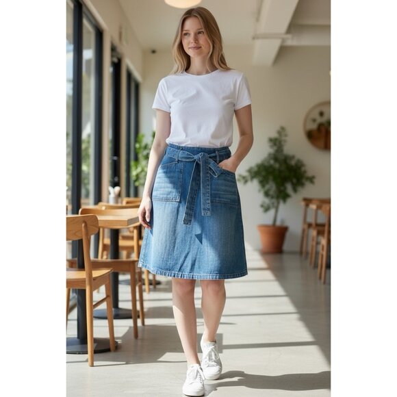 Paul Frank denim wrap skirt medium floral retro lining 70s Hippie Modest column - Picture 5 of 13